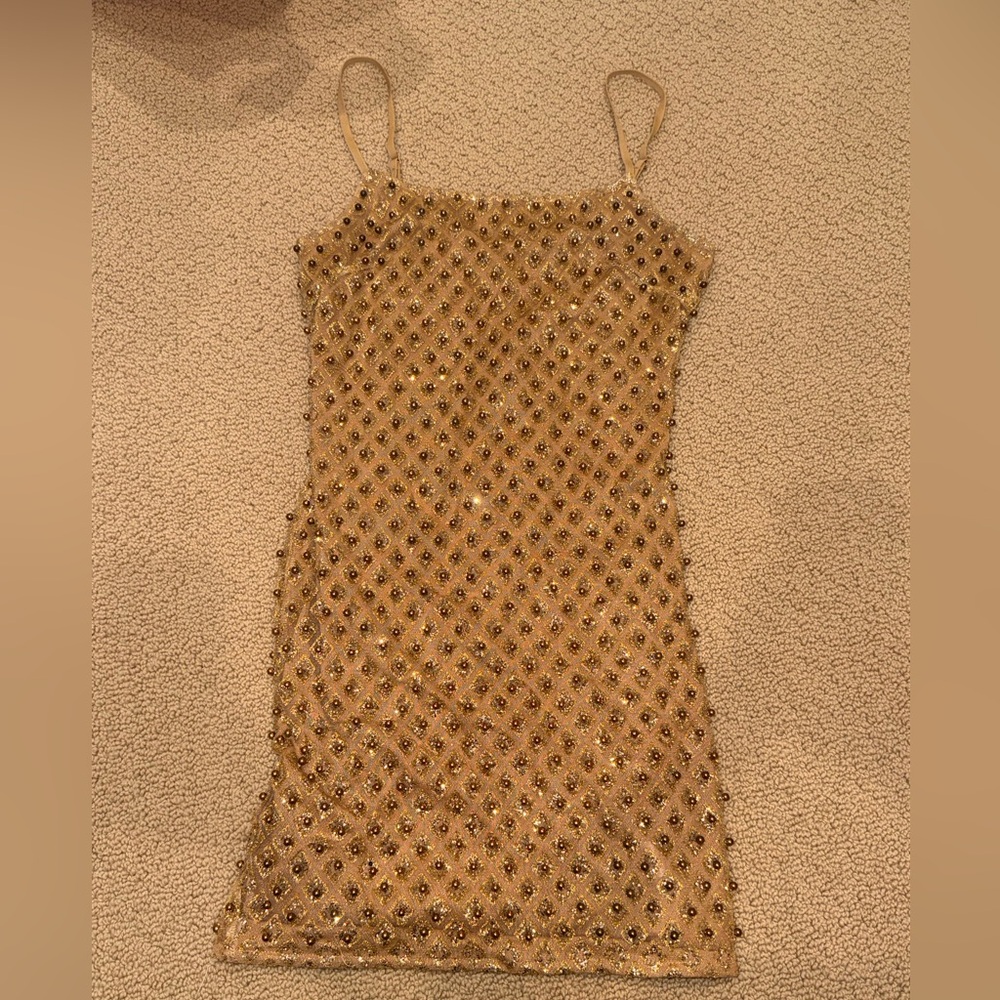 Fashion Nova Gold Beaded Mini Dress